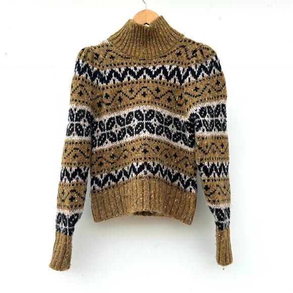 Zara Fair Isle Mustard Yellow Turtleneck Sparkle Holiday Sweater Small Wool - Picture 2 of 8